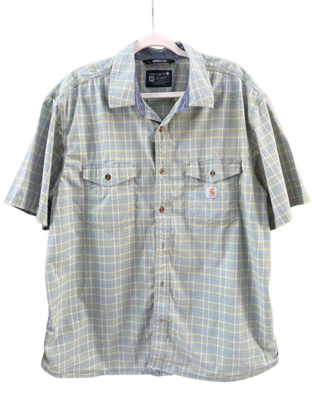Carhartt Rugged Flex Plaid Work Shirt 2XL Relaxed Fit Short Sleeve Button Up